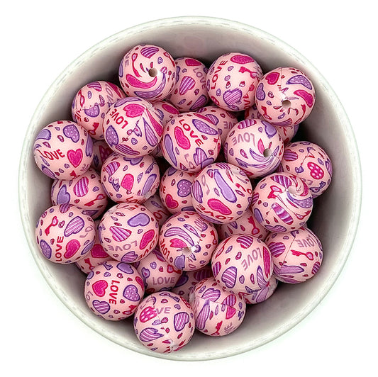 Pink & Purple Love n ❤️s - 15mm Printed Silicone Bead